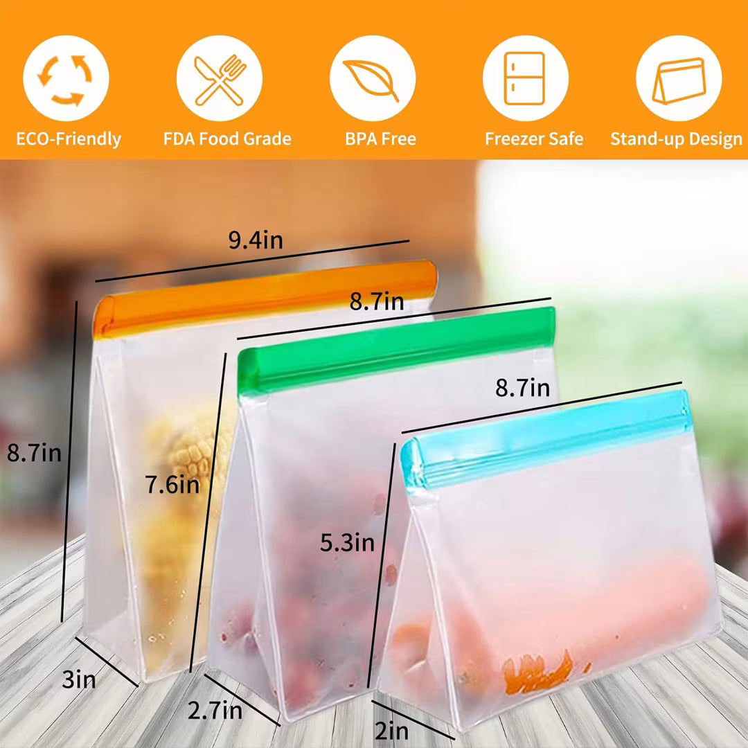 3-Piece Reusable Silicone Zip Lock Food Storage Bag Set – Leakproof, BPA-Free & Freezer Safe