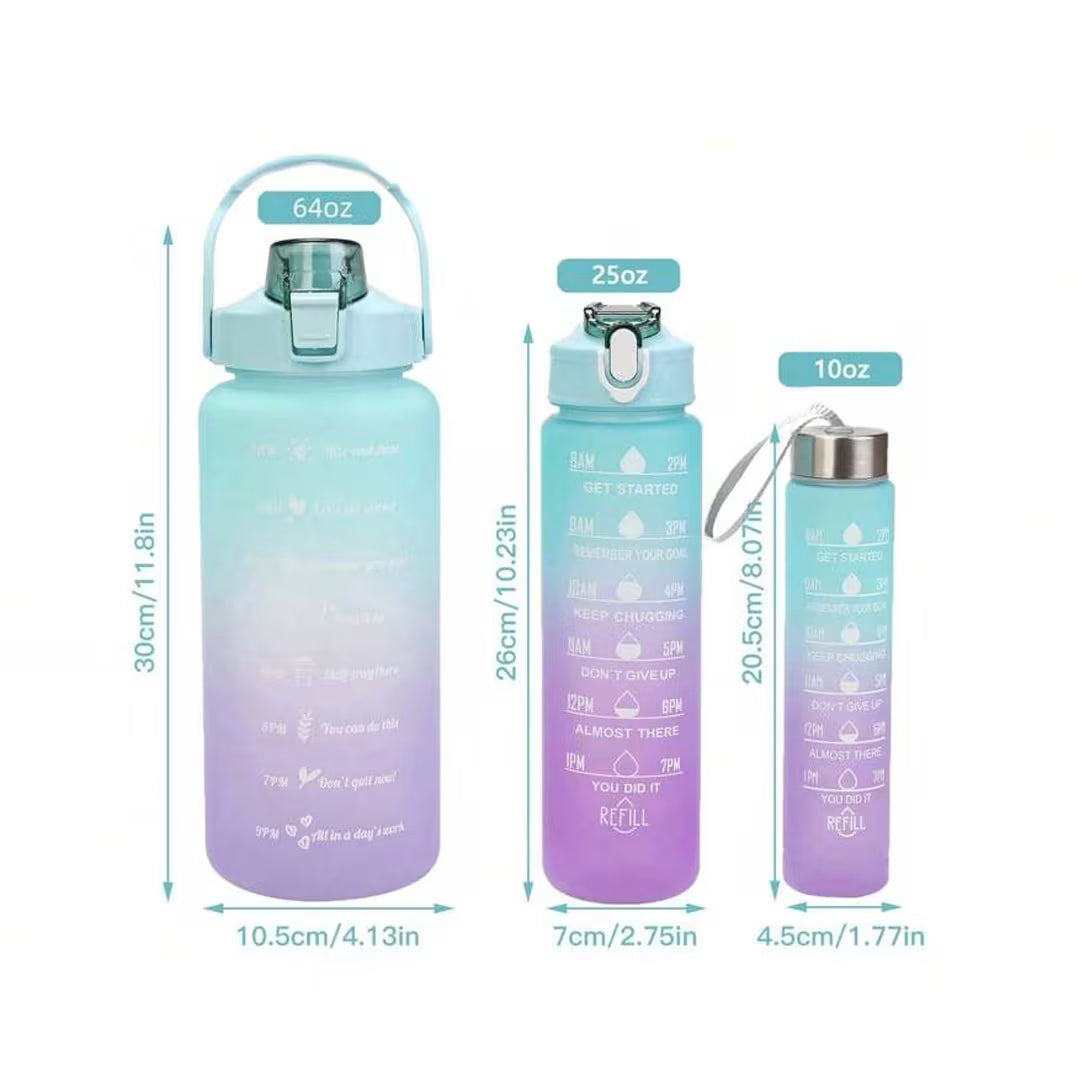 3-Piece Motivational Water Bottle Set – 2L, 750ml & 300ml Leakproof BPA-Free Hydration Bottles