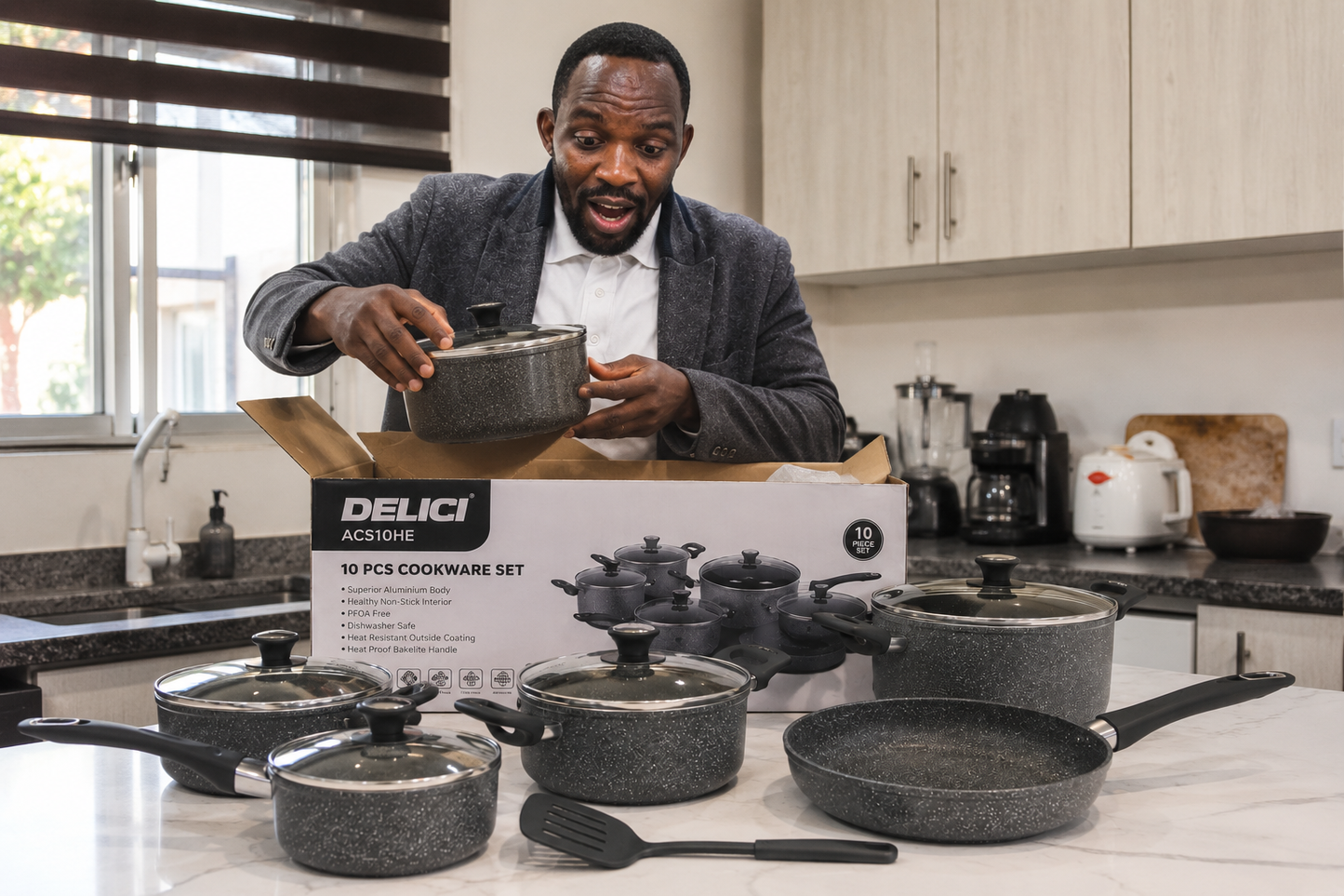 10-Piece Nonstick Granite Cookware Set with Glass Lids – DELICI ACS10HE