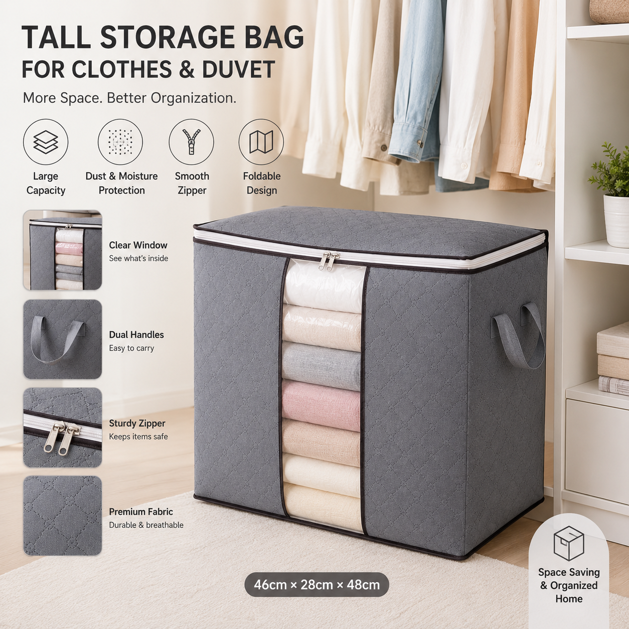 Storage Bag for Clothes & Duvets – Tall Foldable Organizer with Clear Window & Zip Closure